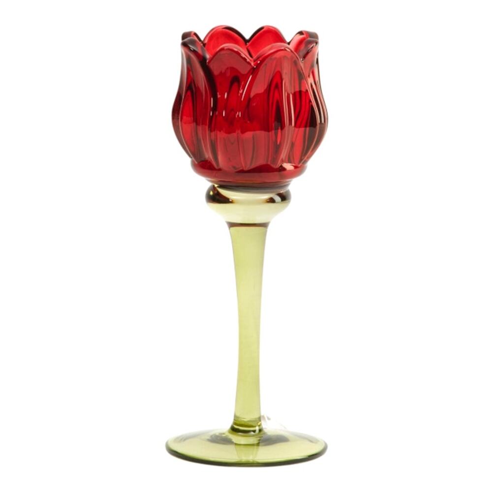 Rachel Zoe Red Tulip Shaped Glass Taper Candle Holder 7.25in Green Stem NEW
